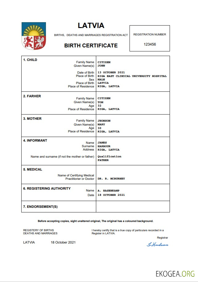 Modèle Word et PDF d'acte de naissance d'acte d'état civil de Lettonie